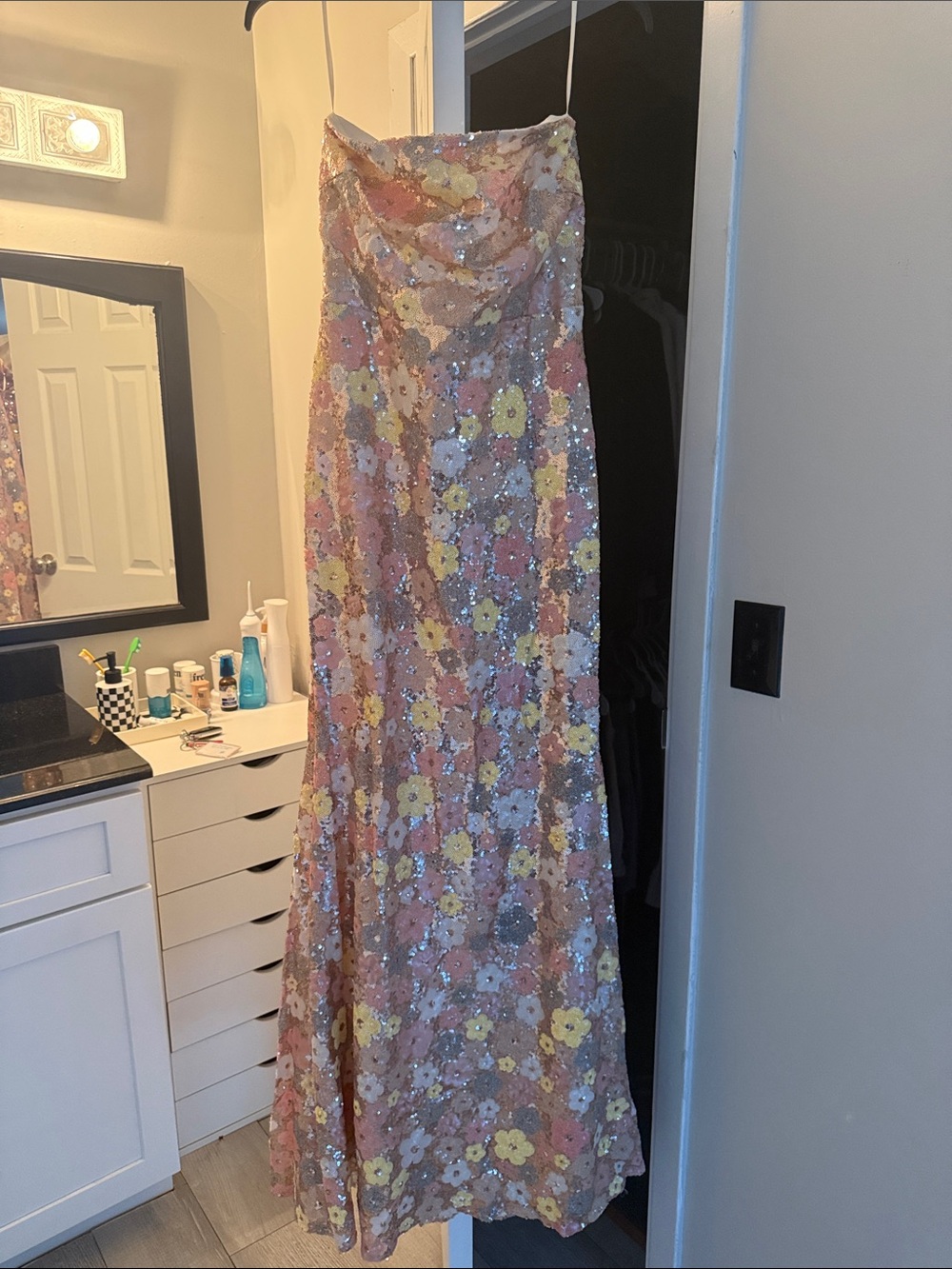 Sequin Floral Strapless Gown in Blush Pink and Yellow